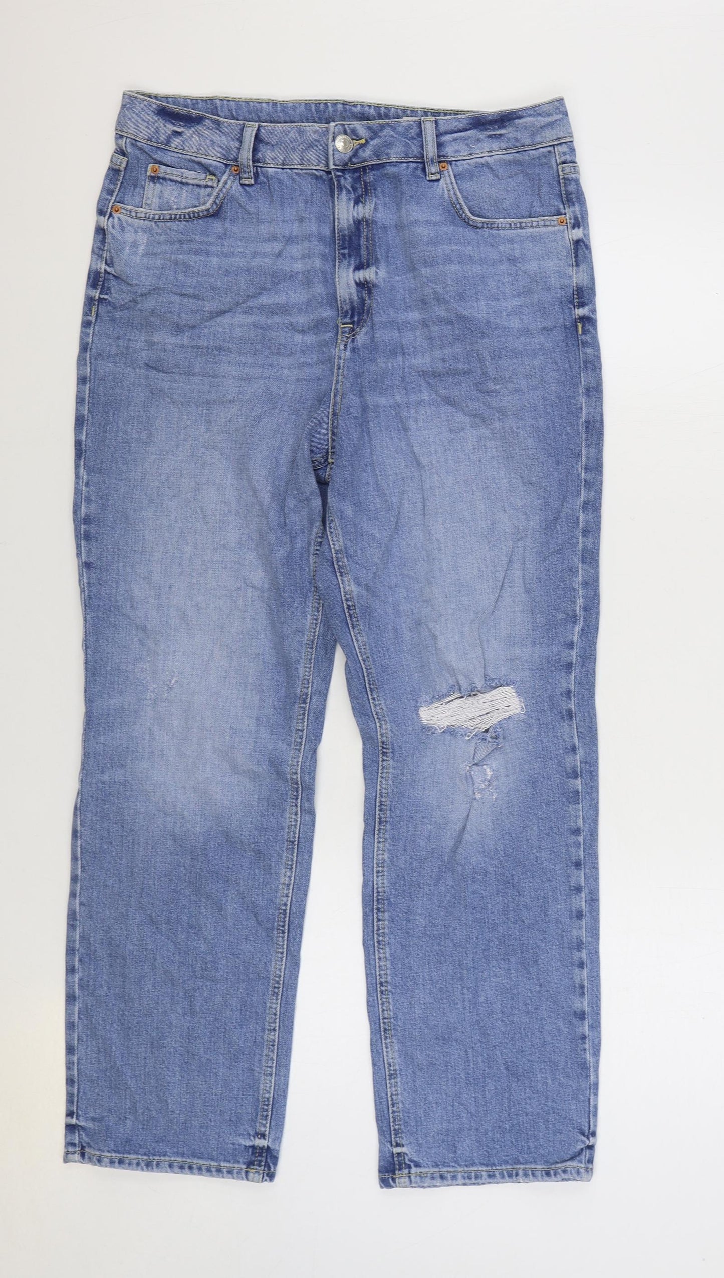 Marks and Spencer Womens Blue Cotton Straight Jeans Size 14 L28 in Regular Zip