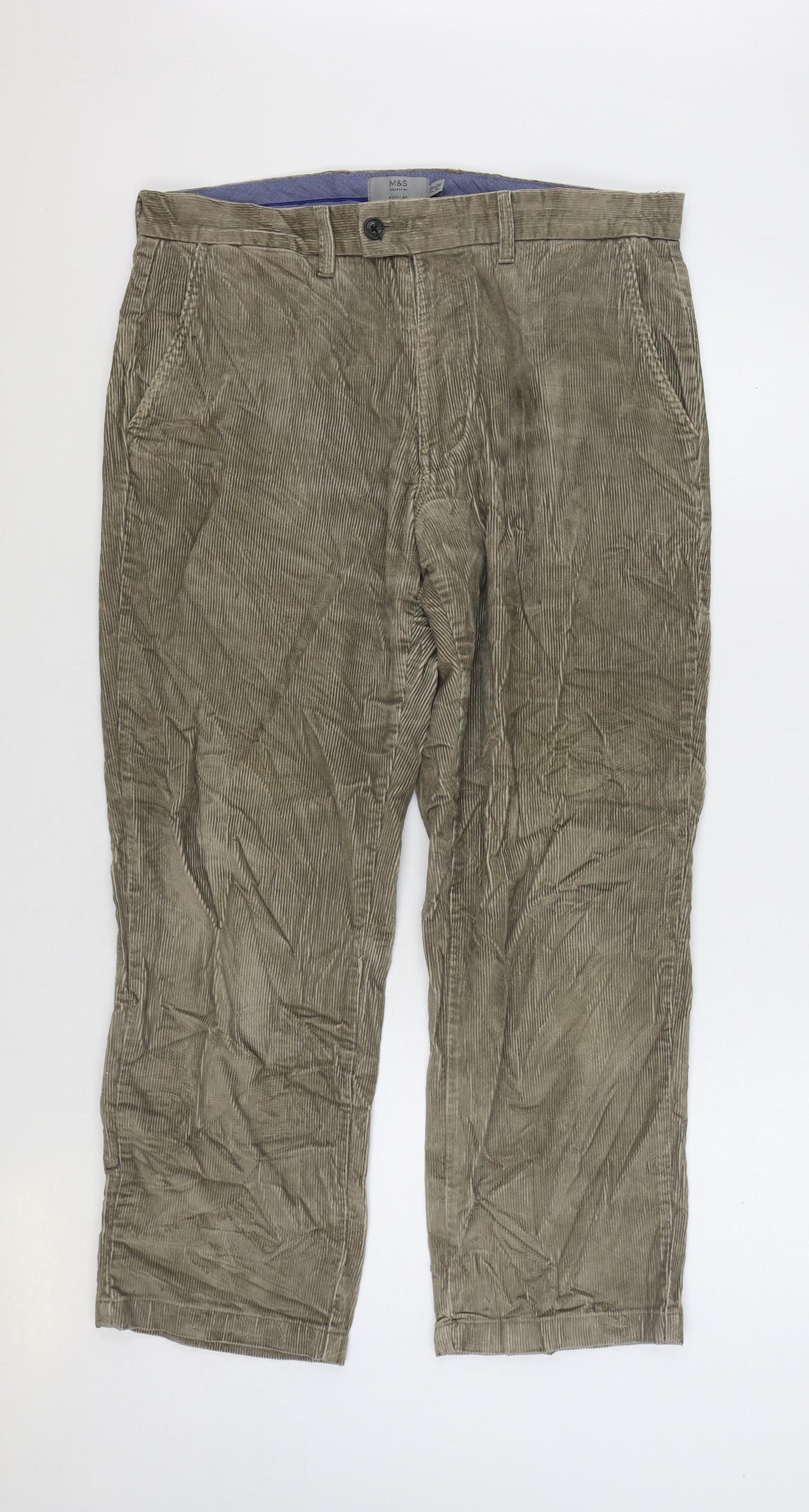 Marks and Spencer Mens Beige Cotton Trousers Size 34 in L29 in Regular Zip