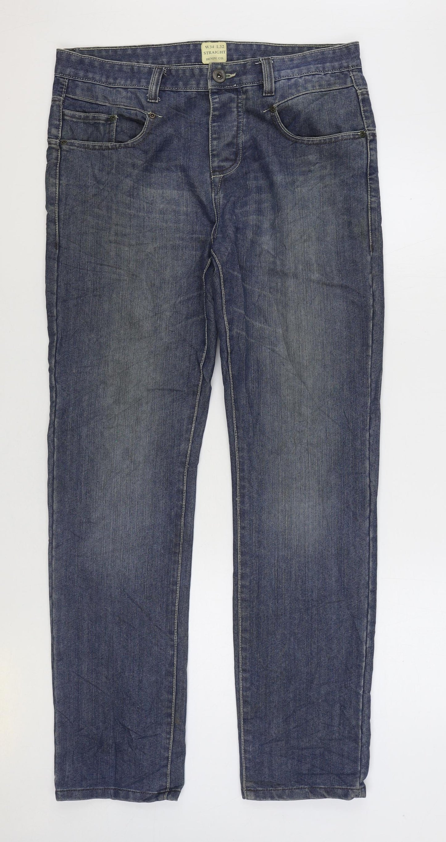 Marks and Spencer Mens Blue Cotton Straight Jeans Size 34 in L32 in Regular Zip