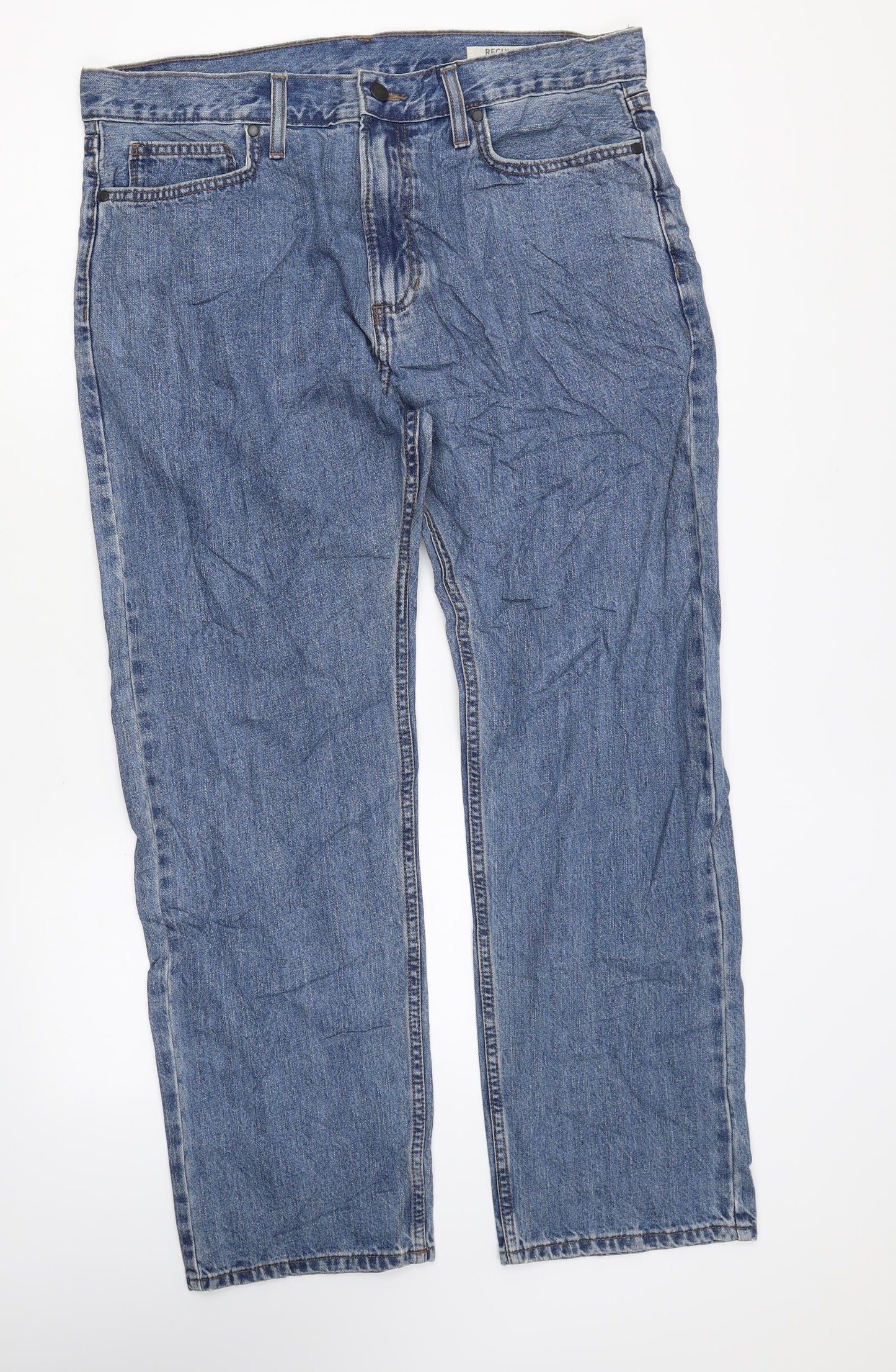Marks and Spencer Mens Blue Cotton Straight Jeans Size 36 in L27 in Regular Zip