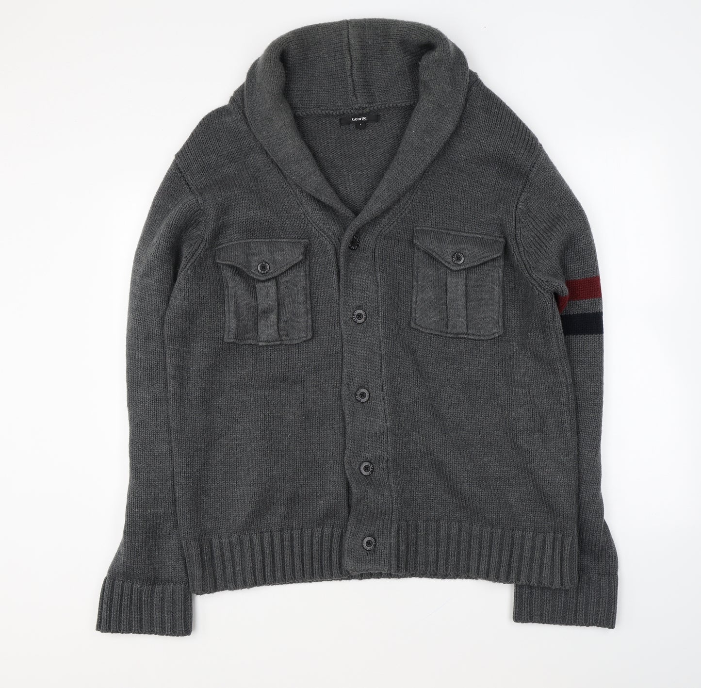 George Mens Grey Collared Acrylic Cardigan Jumper Size L