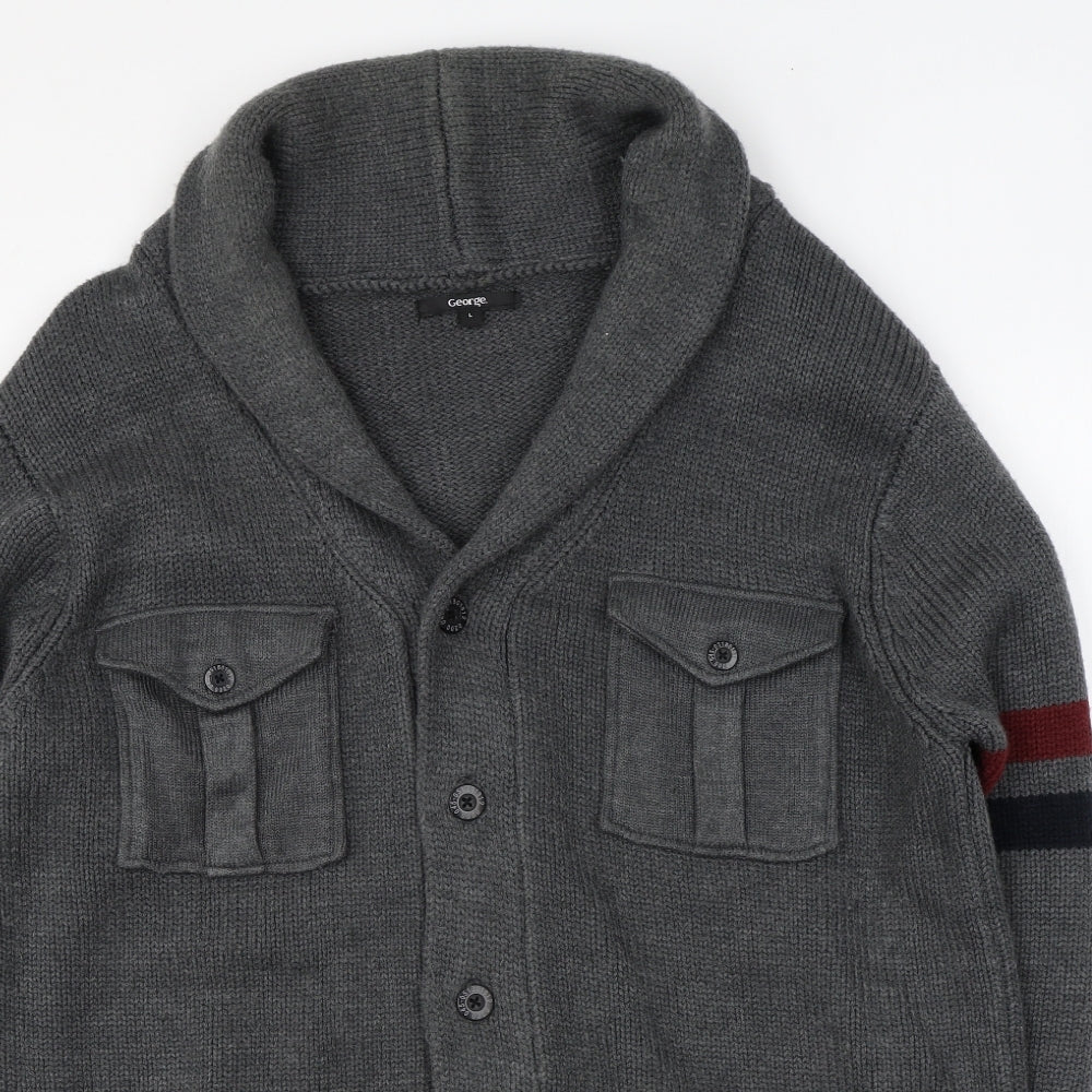 George Mens Grey Collared Acrylic Cardigan Jumper Size L