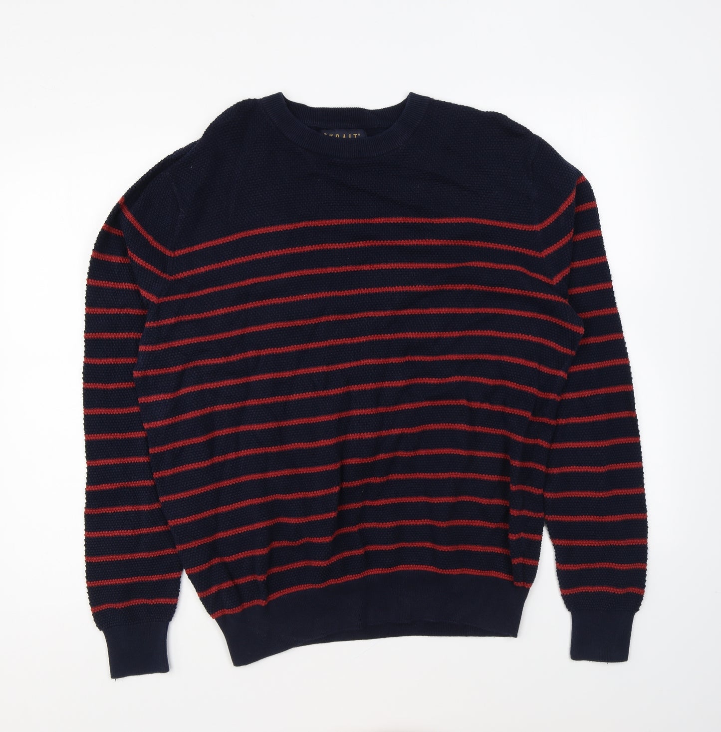 Trait Mens Blue Round Neck Striped Cotton Pullover Jumper Size L