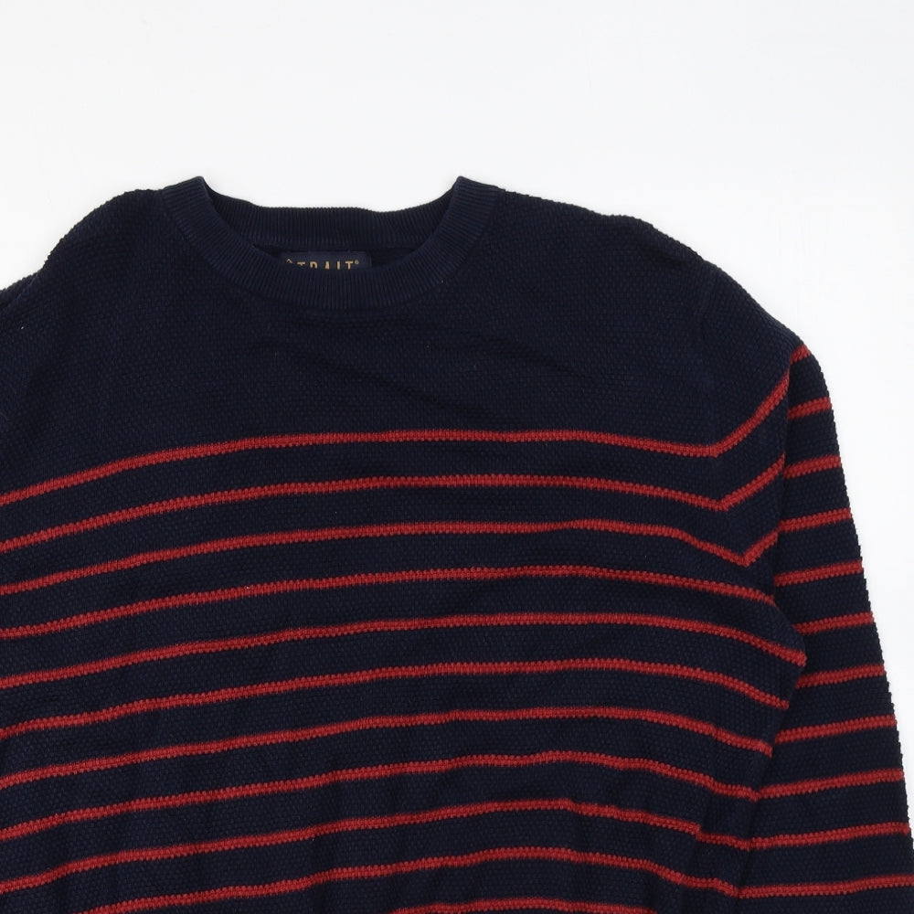 Trait Mens Blue Round Neck Striped Cotton Pullover Jumper Size L