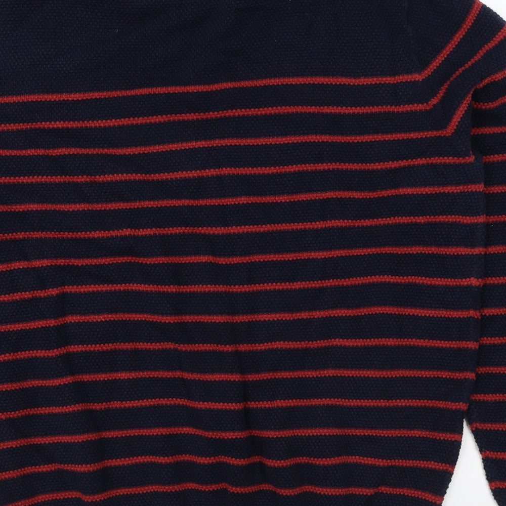 Trait Mens Blue Round Neck Striped Cotton Pullover Jumper Size L