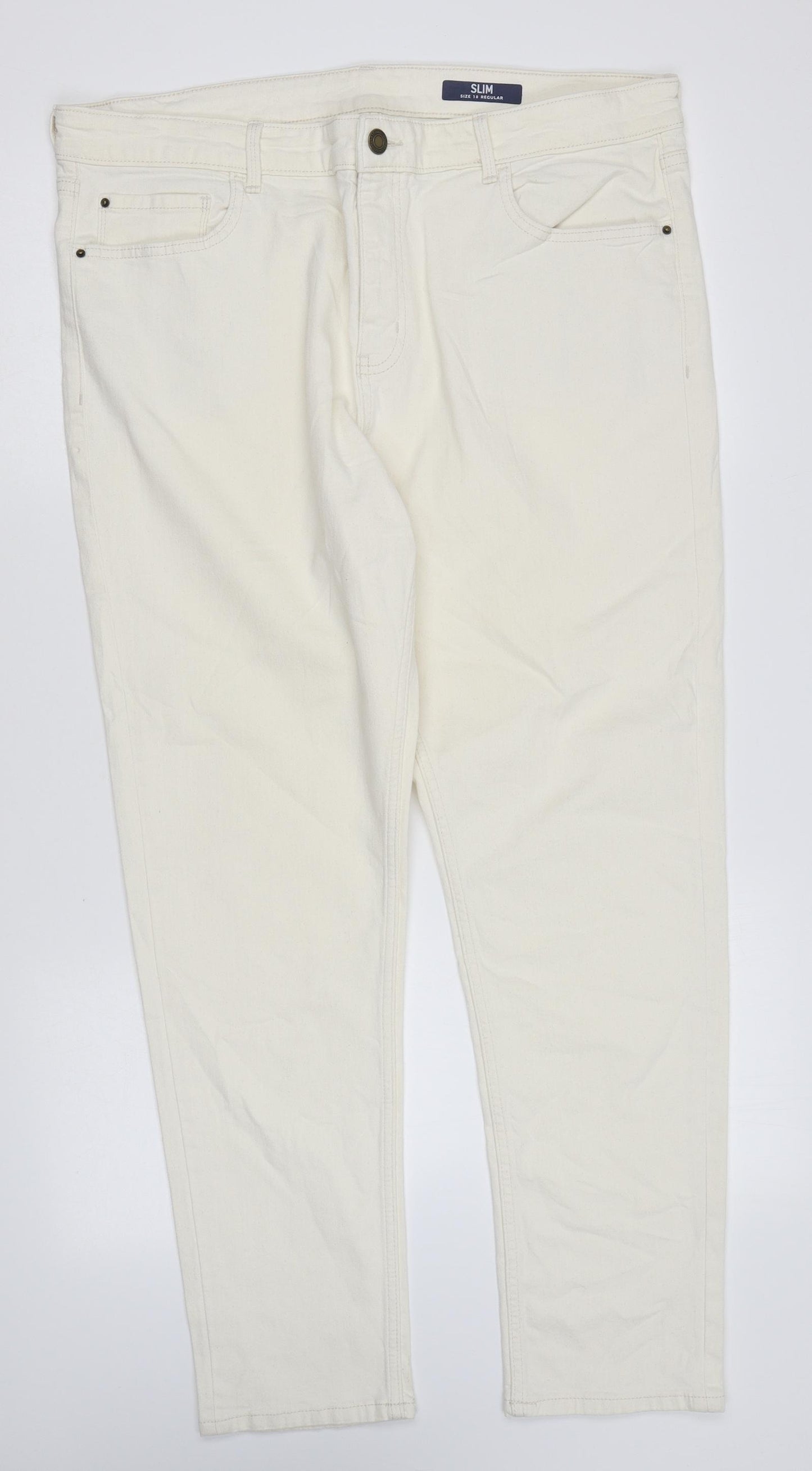 Marks and Spencer Womens Ivory Cotton Straight Jeans Size 18 L27 in Regular Zip