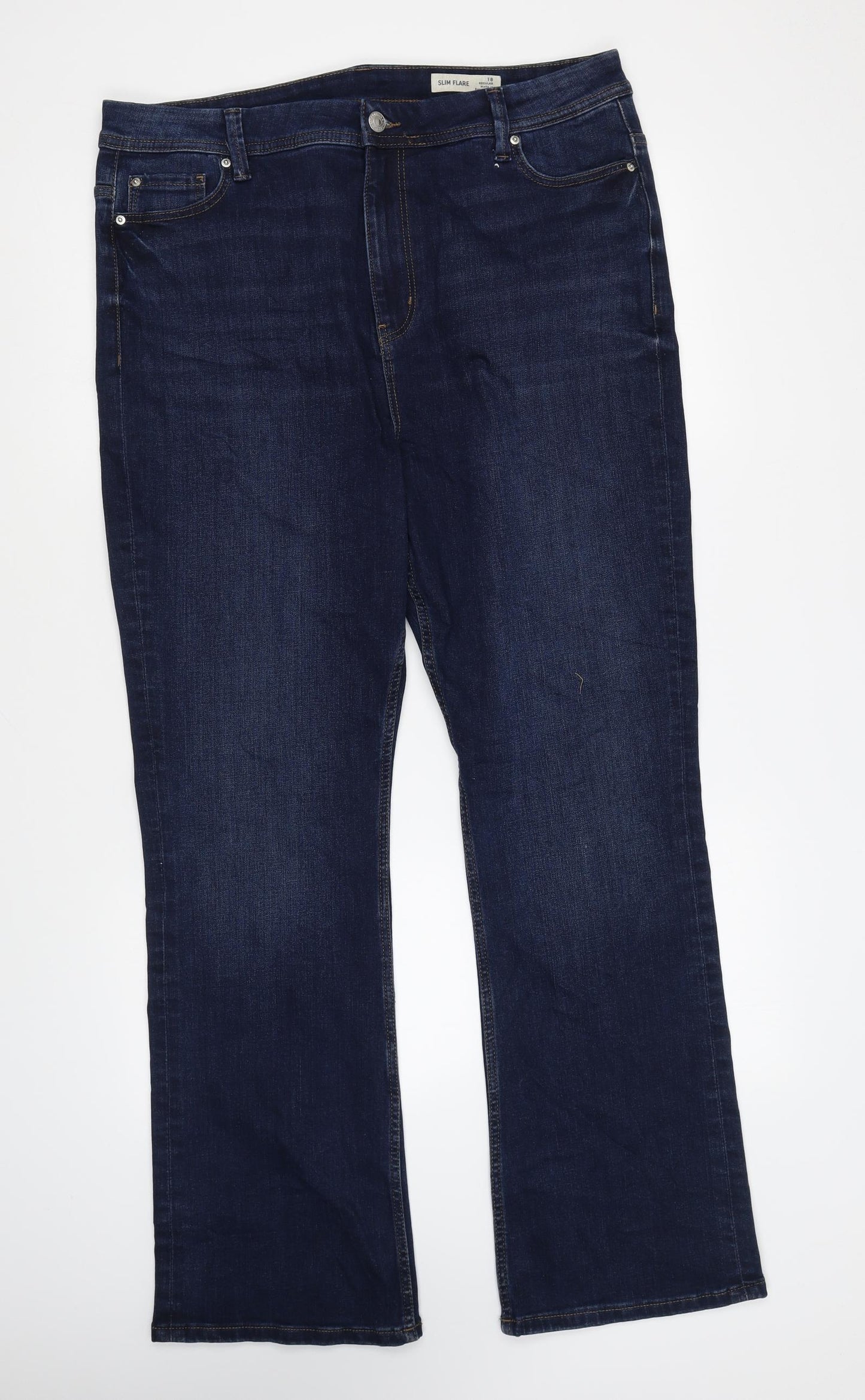 Marks and Spencer Womens Blue Cotton Flared Jeans Size 18 L29 in Slim Zip
