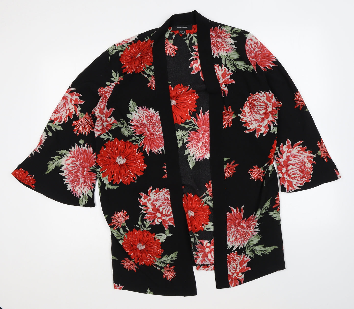 Atmosphere Womens Black Floral Polyester Kimono Blouse Size 8 V-Neck