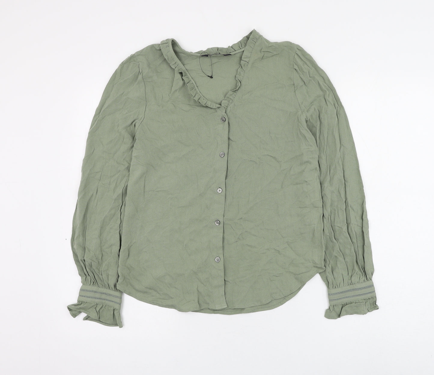 Marks and Spencer Womens Green Viscose Basic Button-Up Size 6 V-Neck