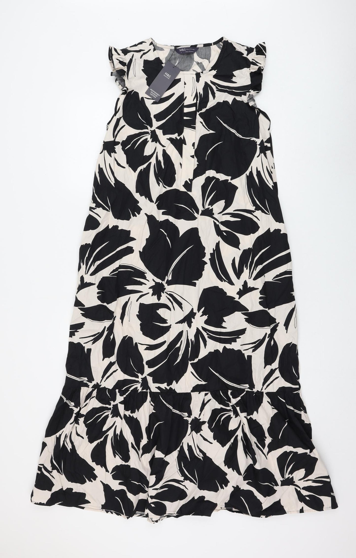 Marks and Spencer Womens Beige Floral Cotton A-Line Size 8 Round Neck Button
