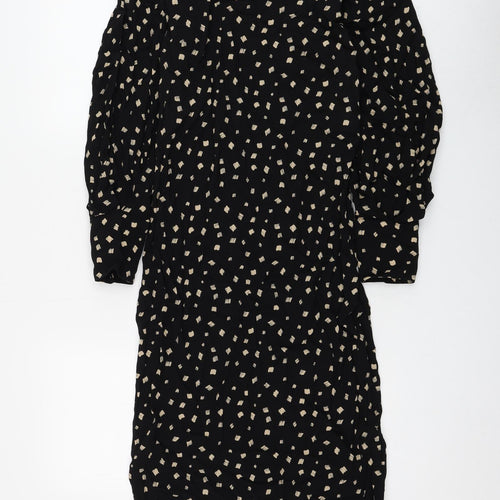 Marks and Spencer Womens Black Geometric Viscose A-Line Size 6 Round Neck Button