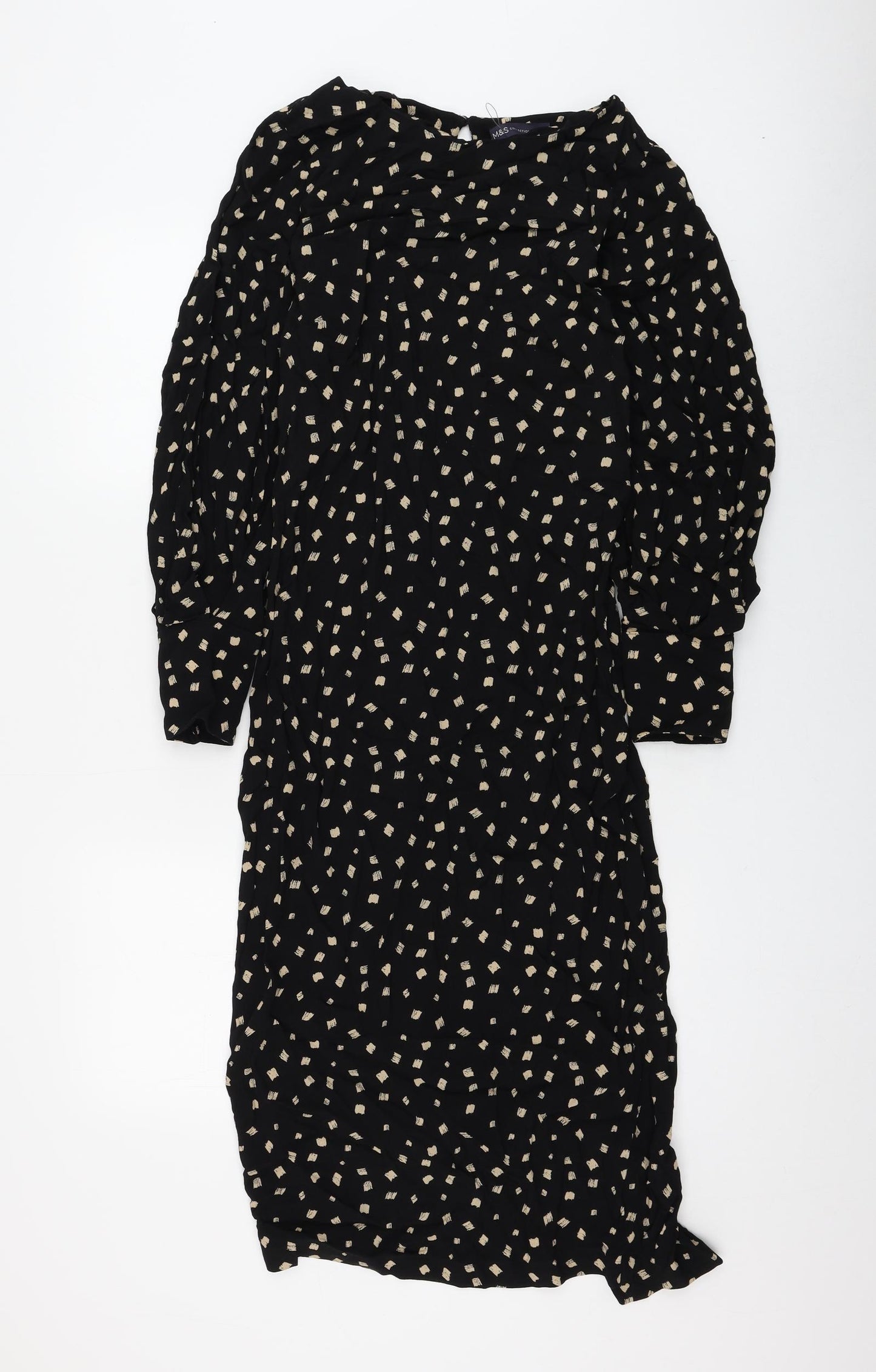 Marks and Spencer Womens Black Geometric Viscose A-Line Size 6 Round Neck Button