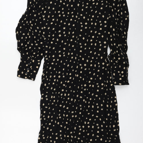 Marks and Spencer Womens Black Geometric Viscose A-Line Size 6 Round Neck Button