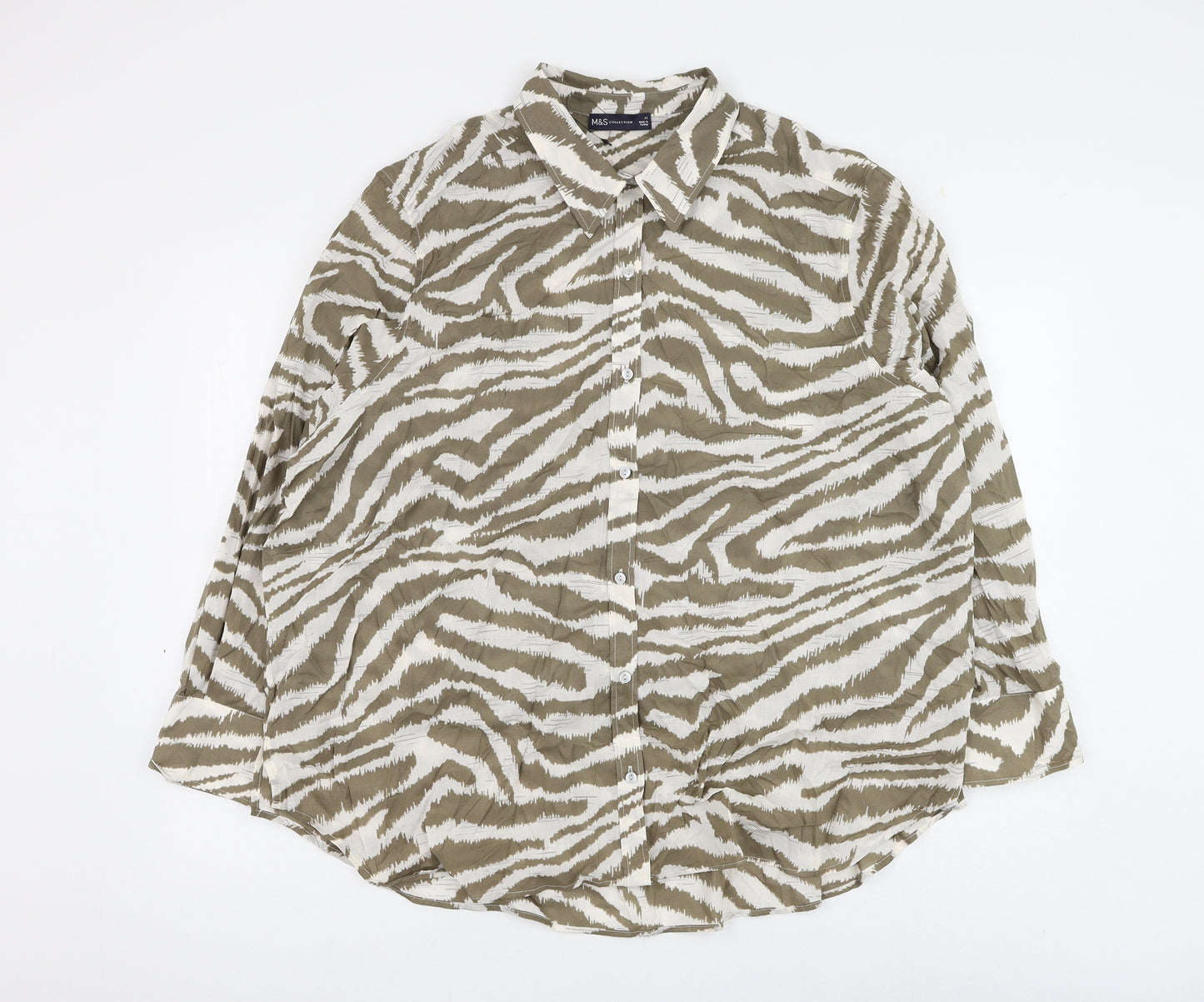 Marks and Spencer Womens Green Animal Print Cotton Basic Button-Up Size 22 Collared - Zebra Print