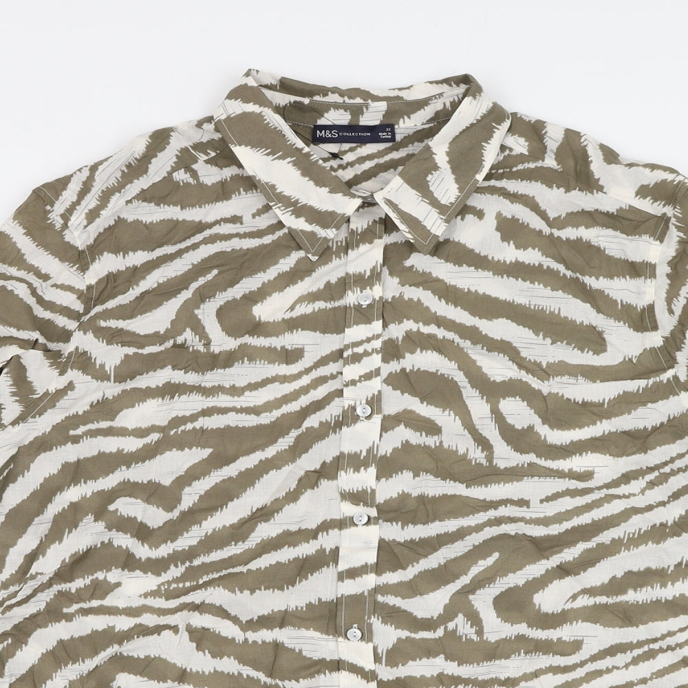 Marks and Spencer Womens Green Animal Print Cotton Basic Button-Up Size 22 Collared - Zebra Print