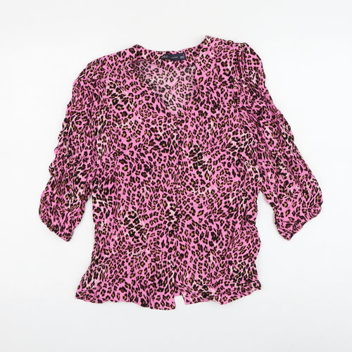 Marks and Spencer Womens Pink Animal Print Viscose Basic Button-Up Size 6 V-Neck - Leopard Print