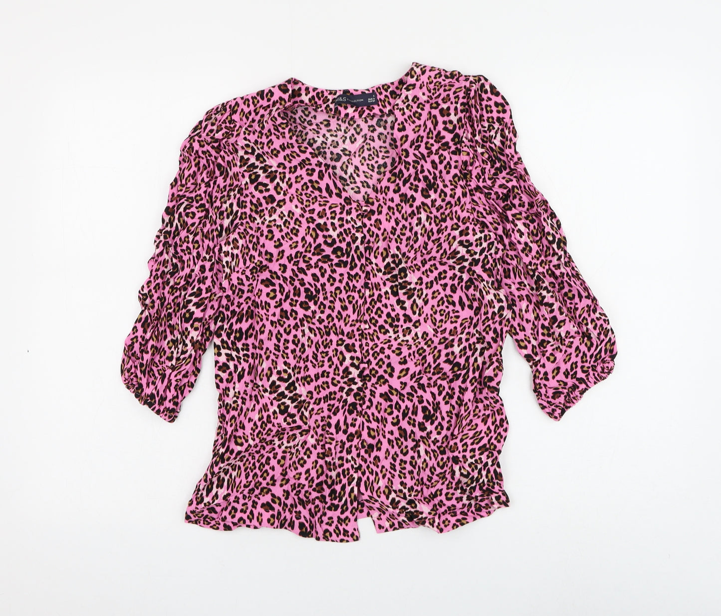 Marks and Spencer Womens Pink Animal Print Viscose Basic Button-Up Size 6 V-Neck - Leopard Print