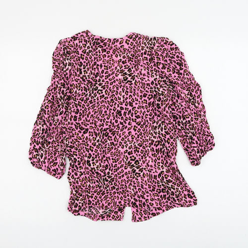 Marks and Spencer Womens Pink Animal Print Viscose Basic Button-Up Size 6 V-Neck - Leopard Print