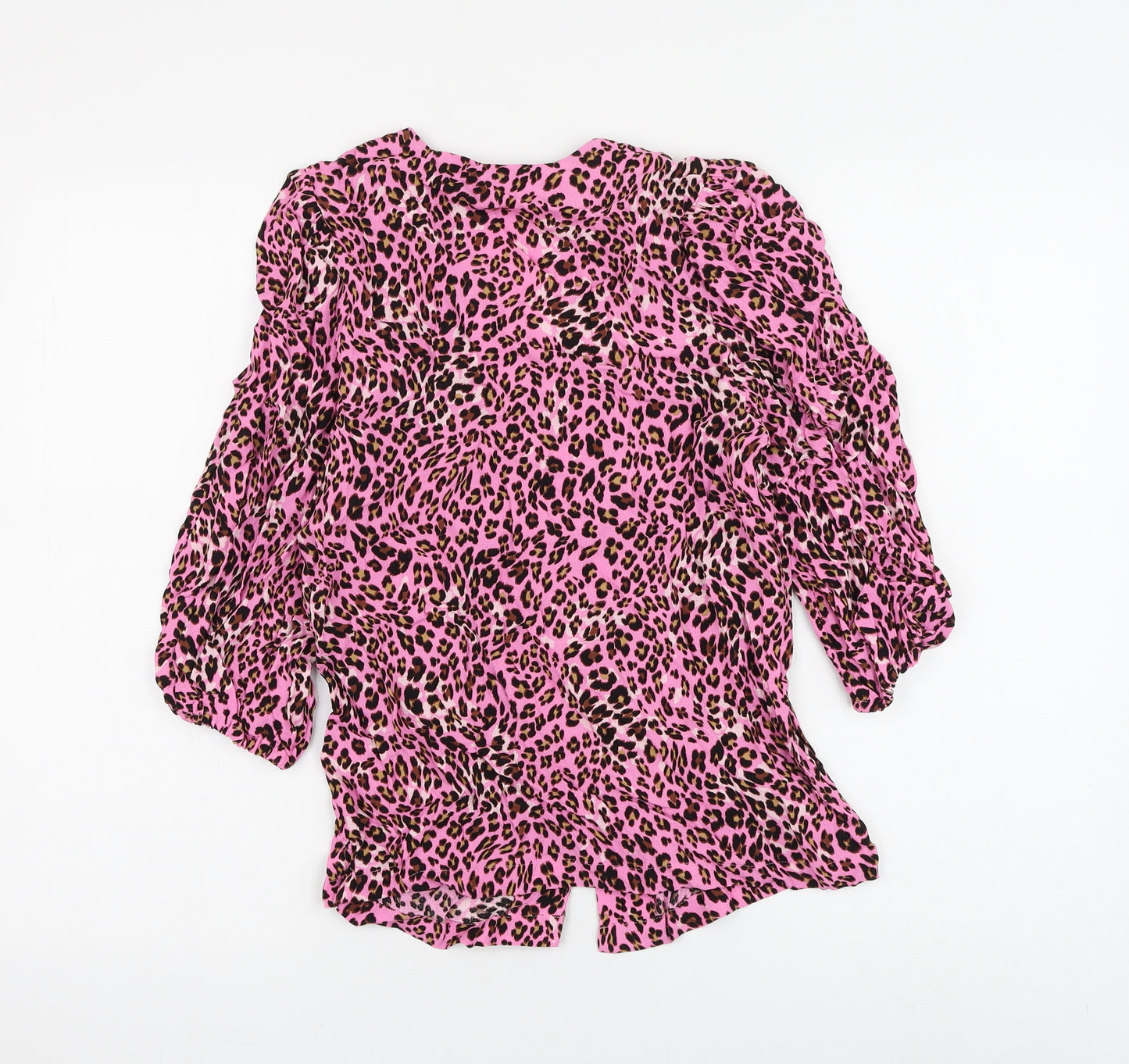 Marks and Spencer Womens Pink Animal Print Viscose Basic Button-Up Size 6 V-Neck - Leopard Print