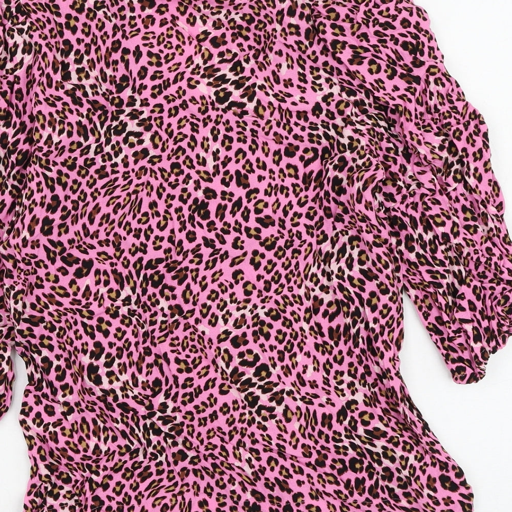 Marks and Spencer Womens Pink Animal Print Viscose Basic Button-Up Size 6 V-Neck - Leopard Print