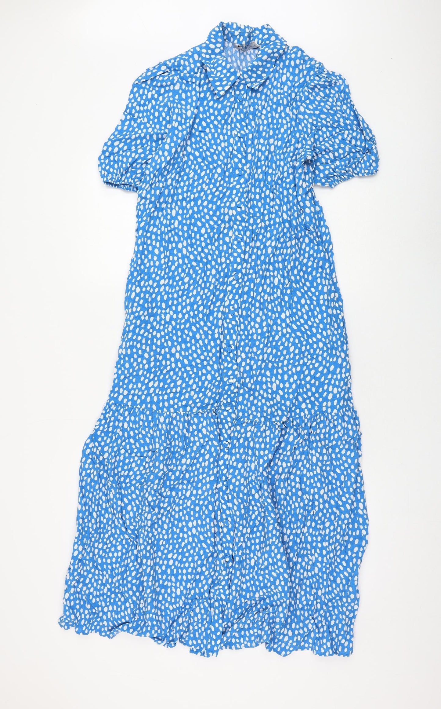 Marks and Spencer Womens Blue Polka Dot Viscose Shift Size 8 Collared Button