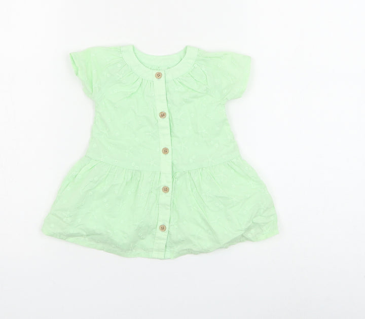 Marks and Spencer Girls Green Floral Polyester Basic Blouse Size 3-6 Months Round Neck Button
