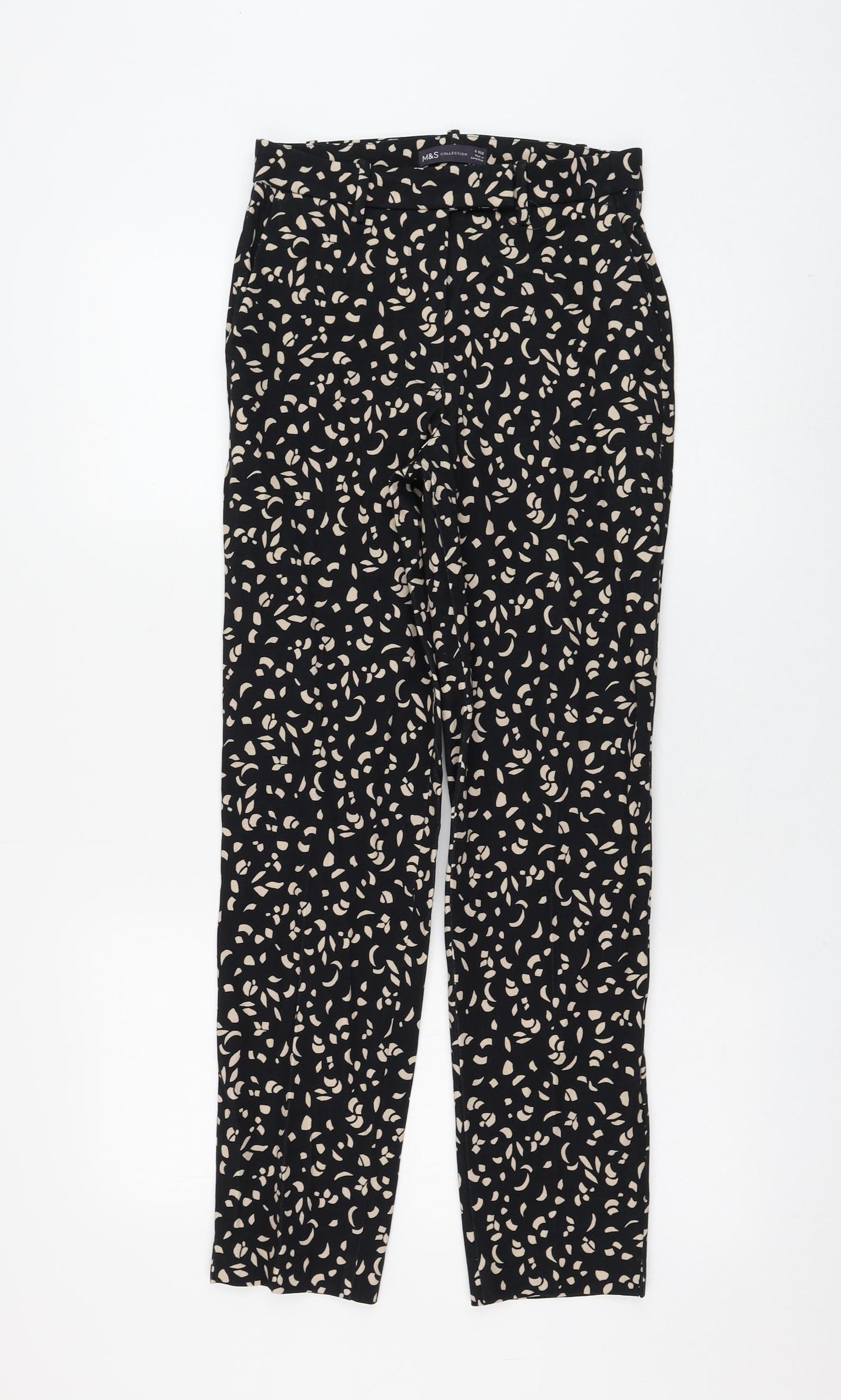 Marks and Spencer Womens Black Geometric Viscose Trousers Size 6 L28 in Regular Zip