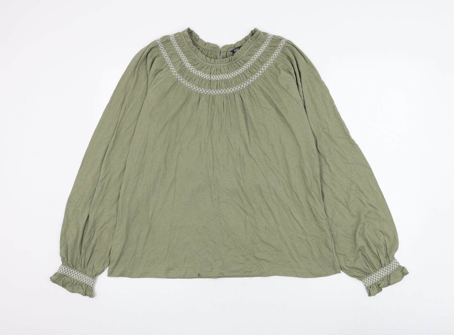 Marks and Spencer Womens Green Cotton Basic Blouse Size 14 Round Neck