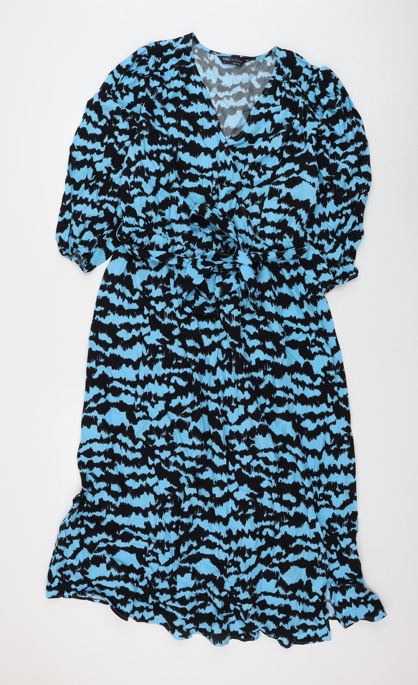 Marks and Spencer Womens Blue Animal Print Viscose Fit & Flare Size 12 V-Neck Tie - Zebra Print