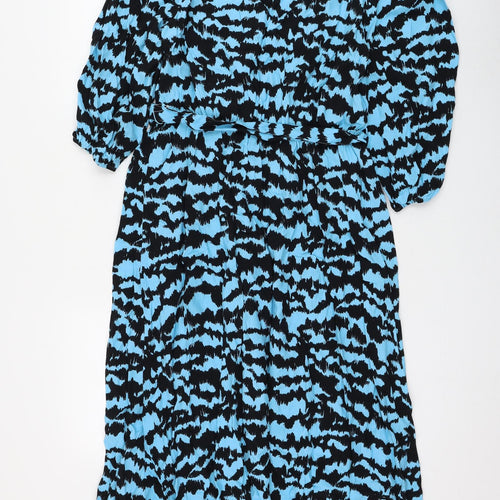 Marks and Spencer Womens Blue Animal Print Viscose Fit & Flare Size 12 V-Neck Tie - Zebra Print
