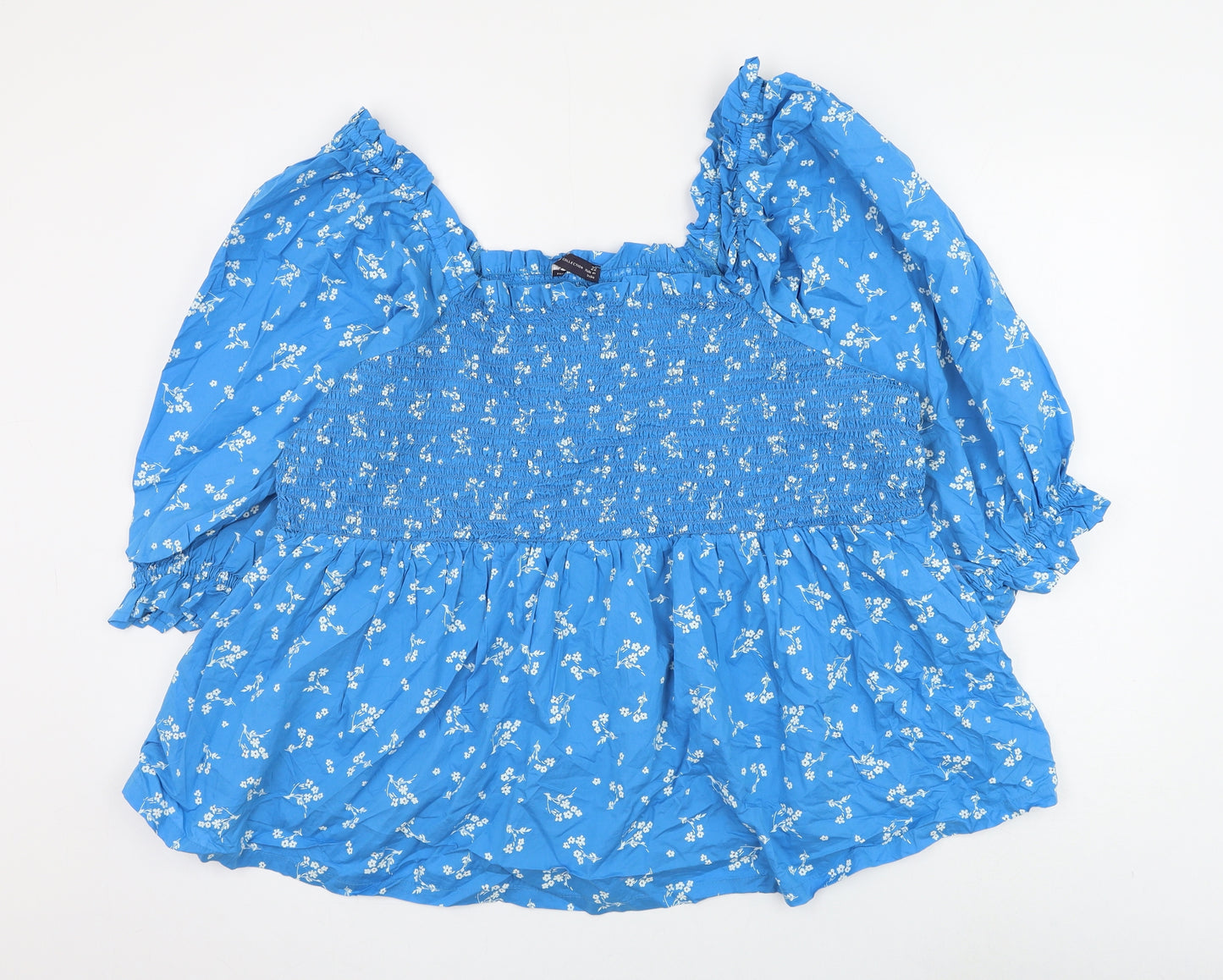 Marks and Spencer Womens Blue Floral Cotton Basic Blouse Size 22 Square Neck