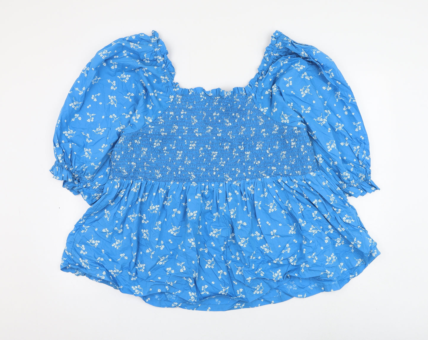 Marks and Spencer Womens Blue Floral Cotton Basic Blouse Size 22 Square Neck