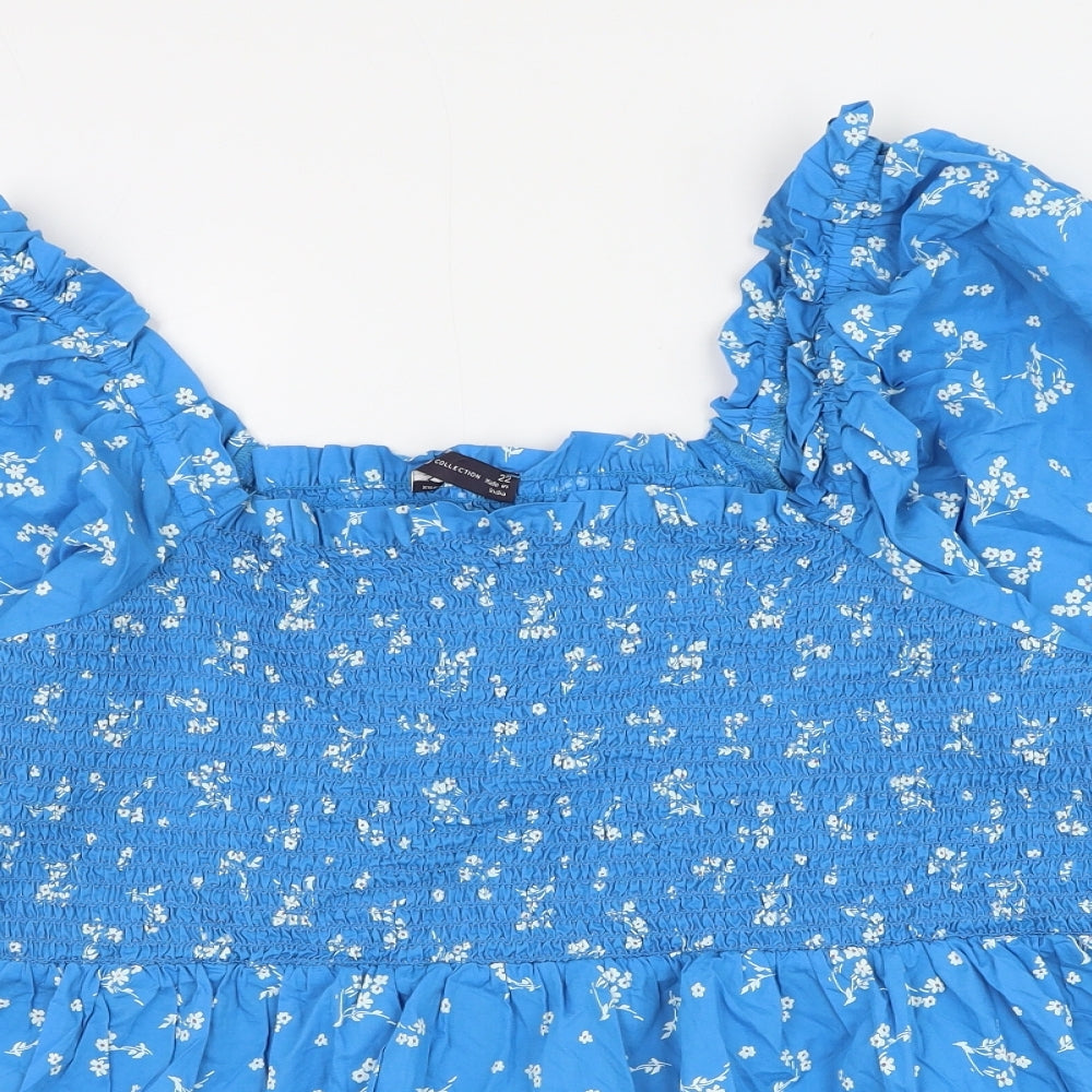 Marks and Spencer Womens Blue Floral Cotton Basic Blouse Size 22 Square Neck