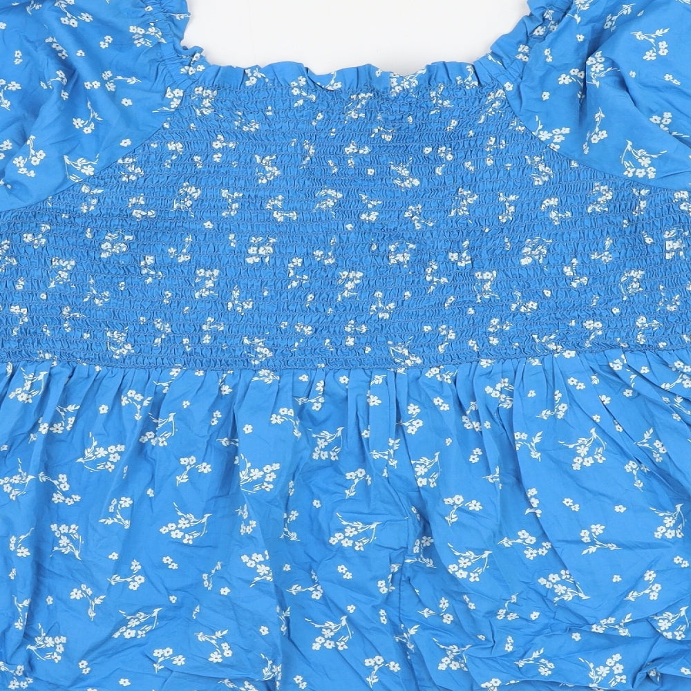 Marks and Spencer Womens Blue Floral Cotton Basic Blouse Size 22 Square Neck