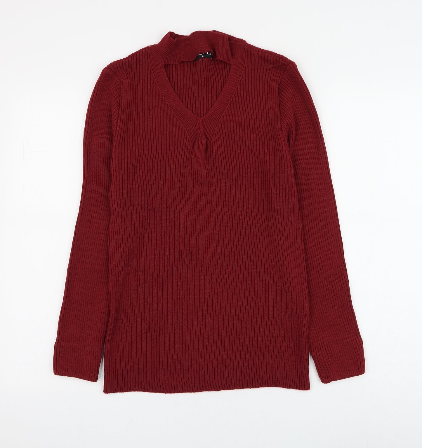 Select Womens Red V-Neck Acrylic Pullover Jumper Size L - Key Hole Neck
