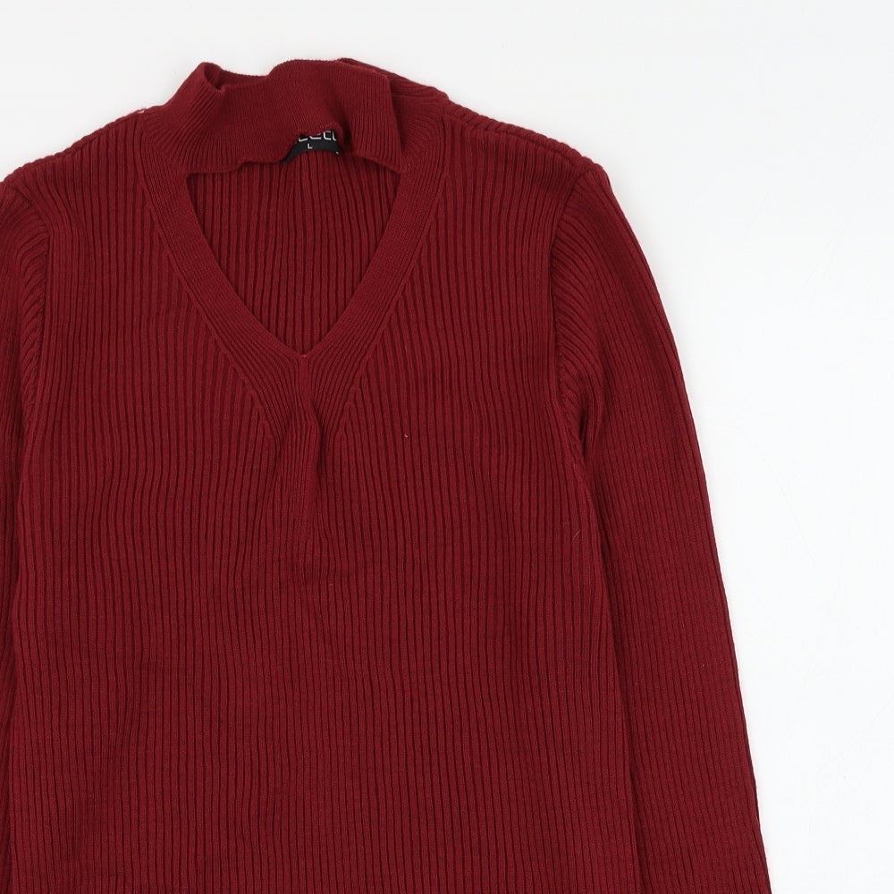 Select Womens Red V-Neck Acrylic Pullover Jumper Size L - Key Hole Neck