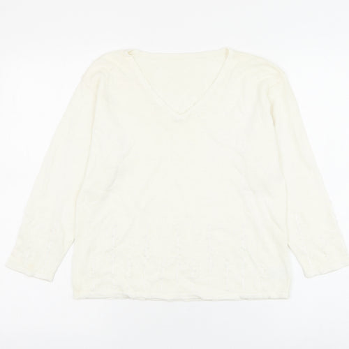 Preworn Womens White V-Neck Ramie Pullover Jumper Size M - Flower