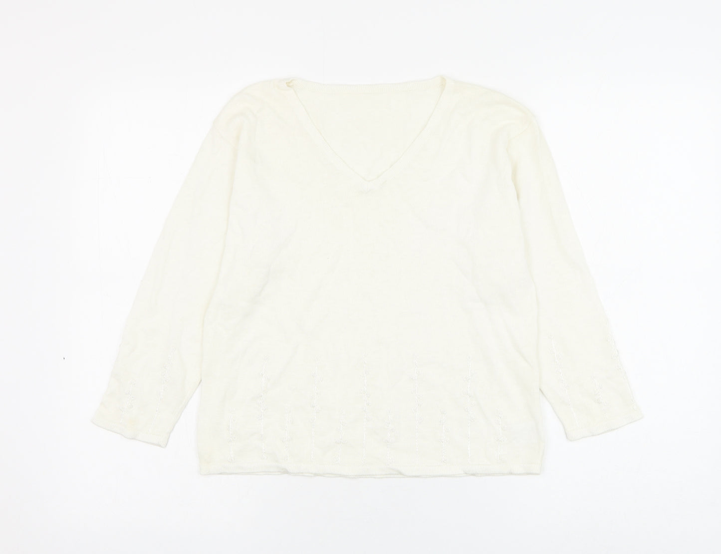Preworn Womens White V-Neck Ramie Pullover Jumper Size M - Flower
