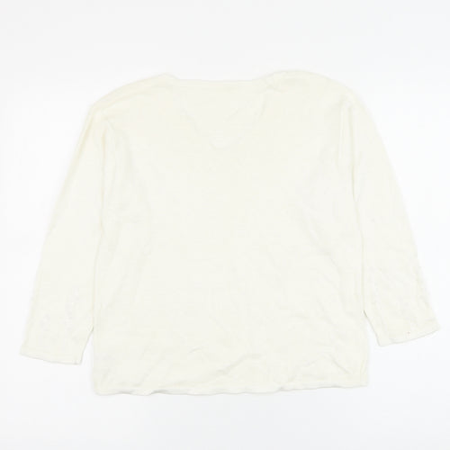 Preworn Womens White V-Neck Ramie Pullover Jumper Size M - Flower
