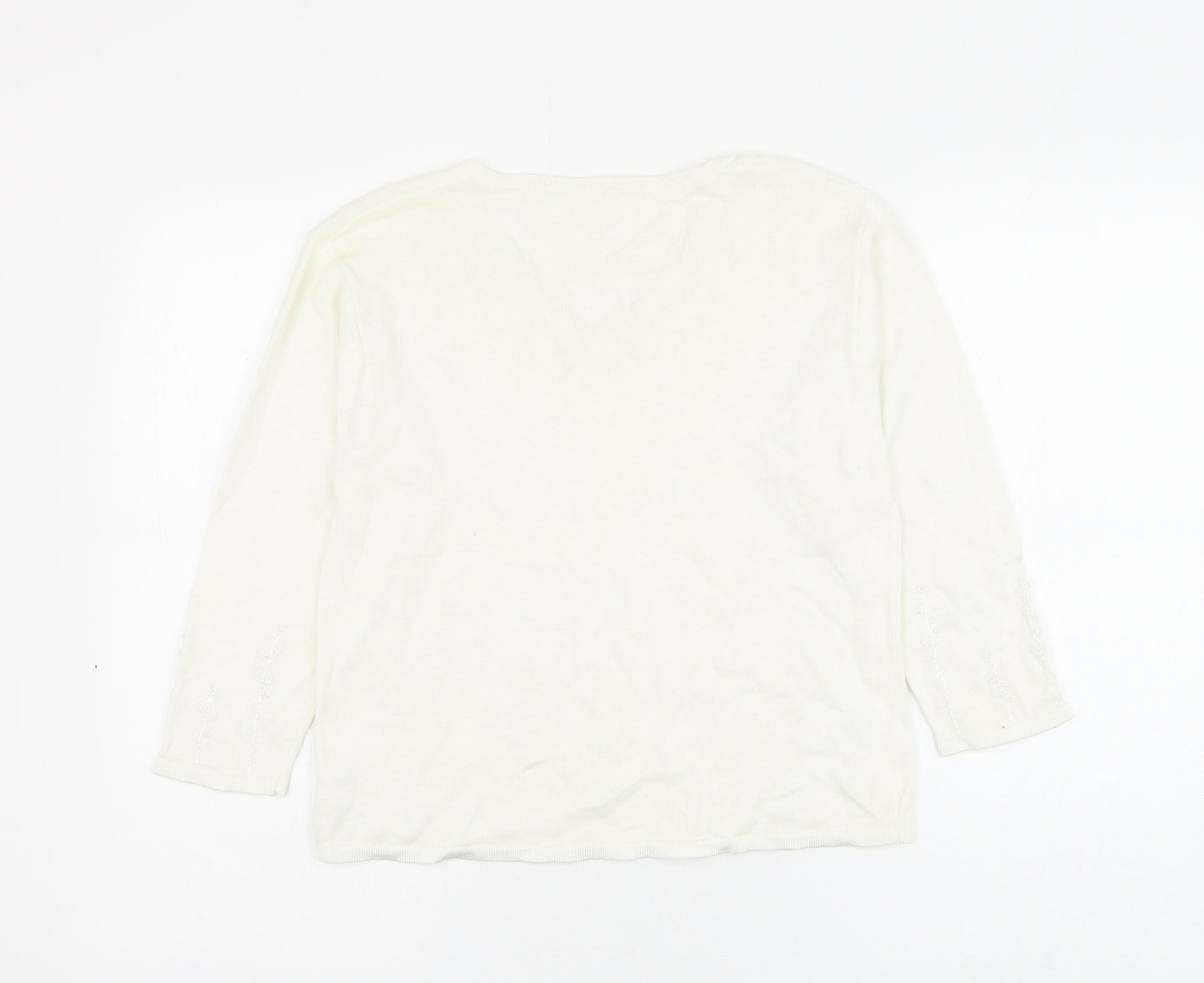 Preworn Womens White V-Neck Ramie Pullover Jumper Size M - Flower