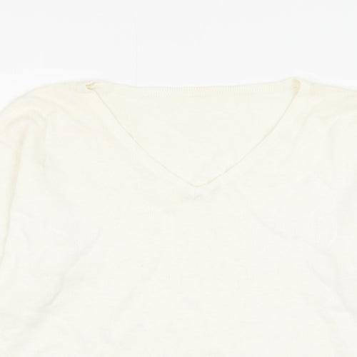 Preworn Womens White V-Neck Ramie Pullover Jumper Size M - Flower