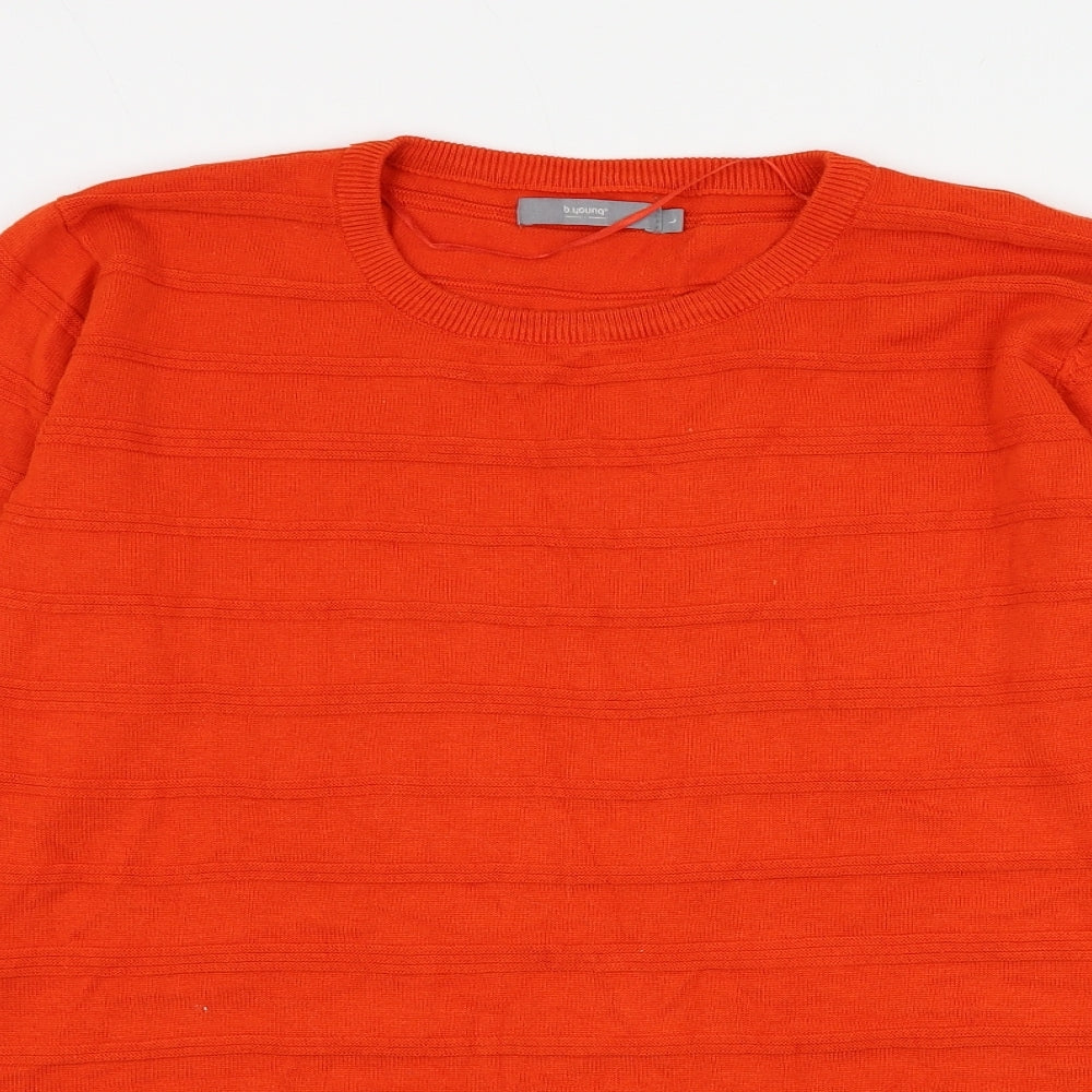 b.young Womens Orange Round Neck Striped Cotton Pullover Jumper Size L