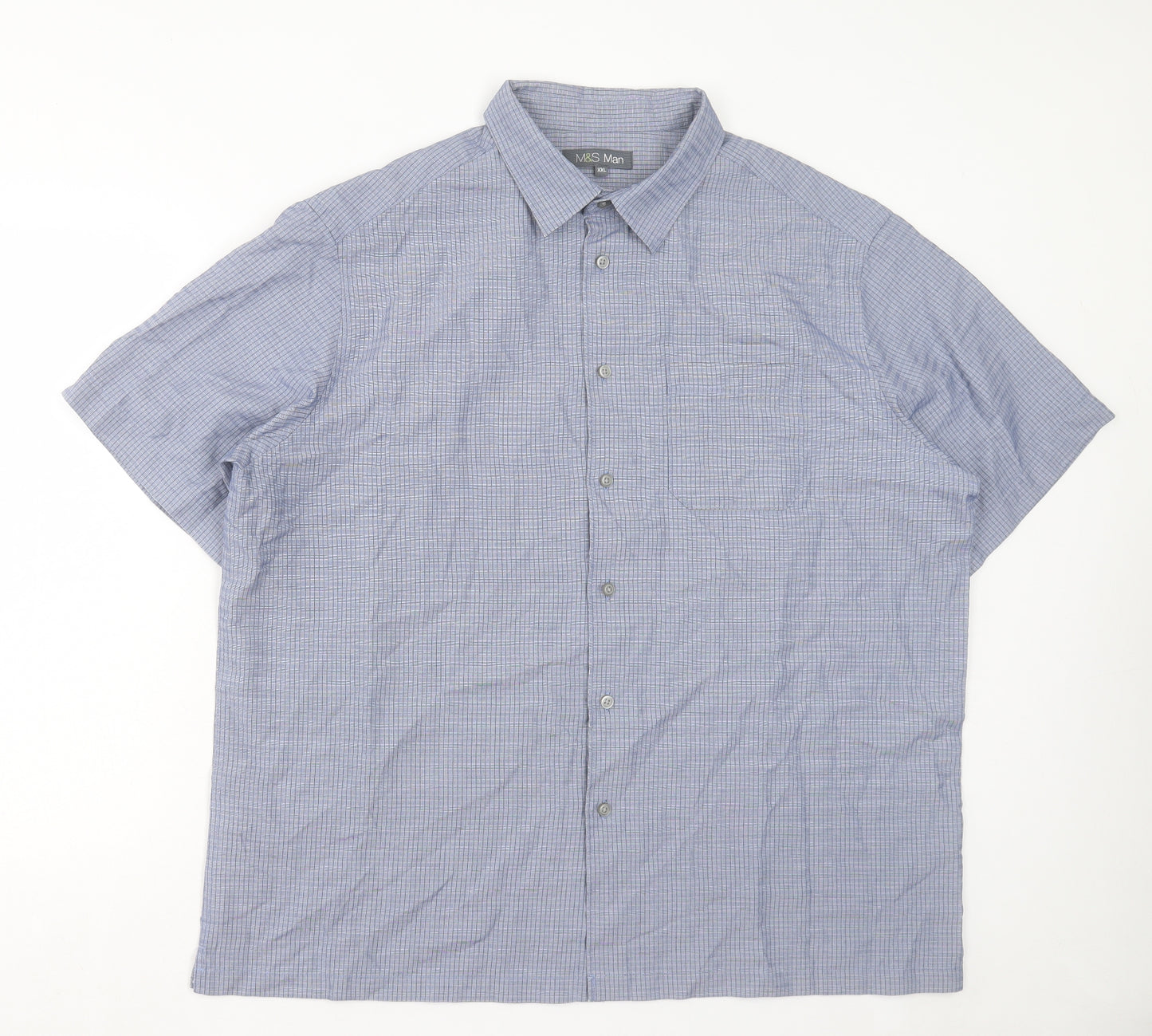 Marks and Spencer Mens Blue Plaid Modal Button-Up Size 2XL Collared Button - Pocket Detail