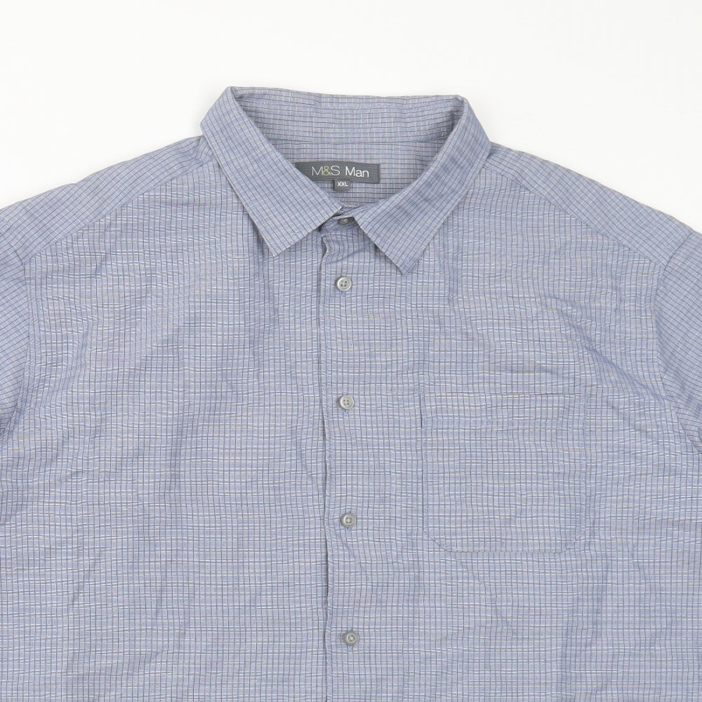 Marks and Spencer Mens Blue Plaid Modal Button-Up Size 2XL Collared Button - Pocket Detail