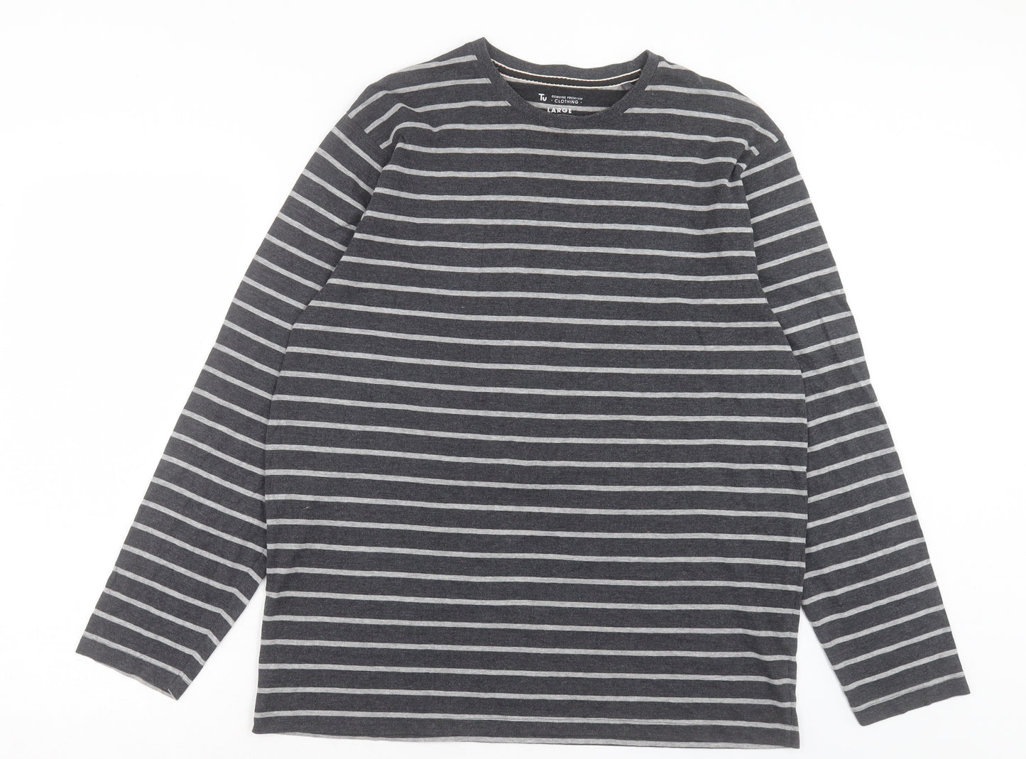 TU Mens Grey Striped Cotton T-Shirt Size L Crew Neck