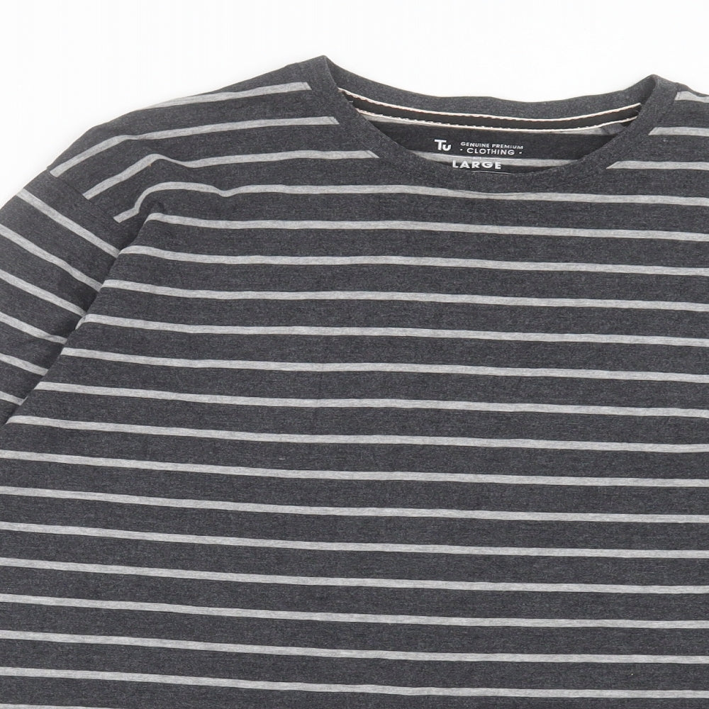 TU Mens Grey Striped Cotton T-Shirt Size L Crew Neck