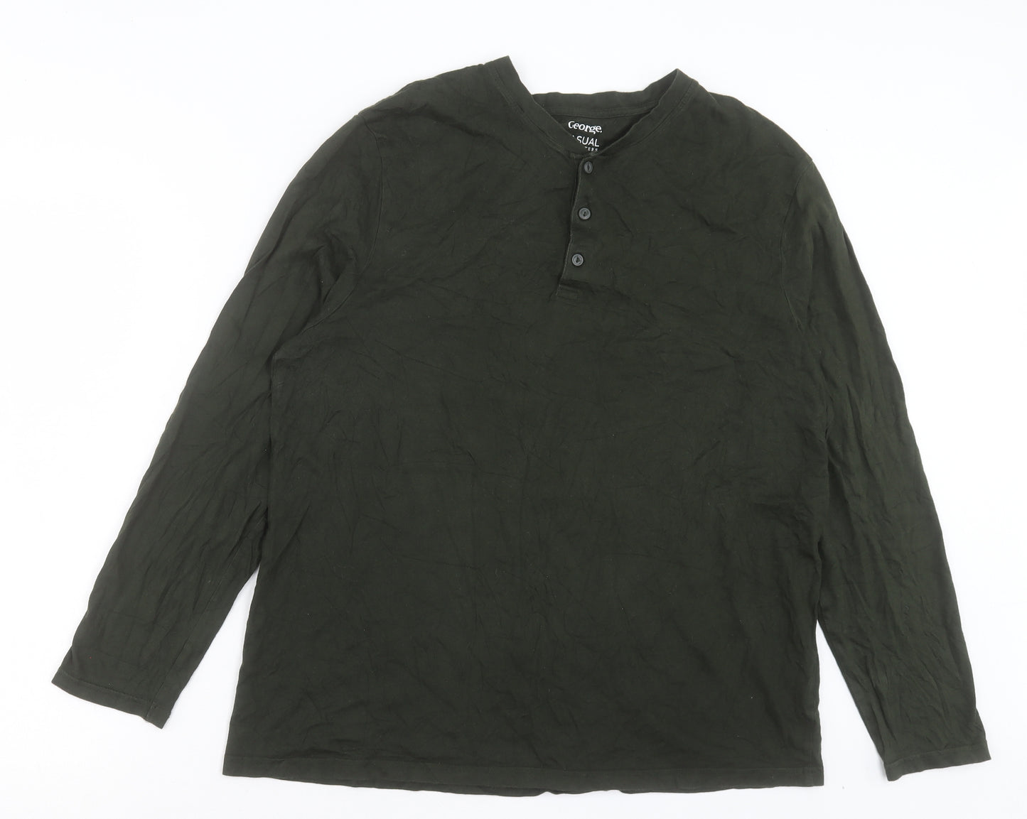 George Mens Green Cotton T-Shirt Size L Henley