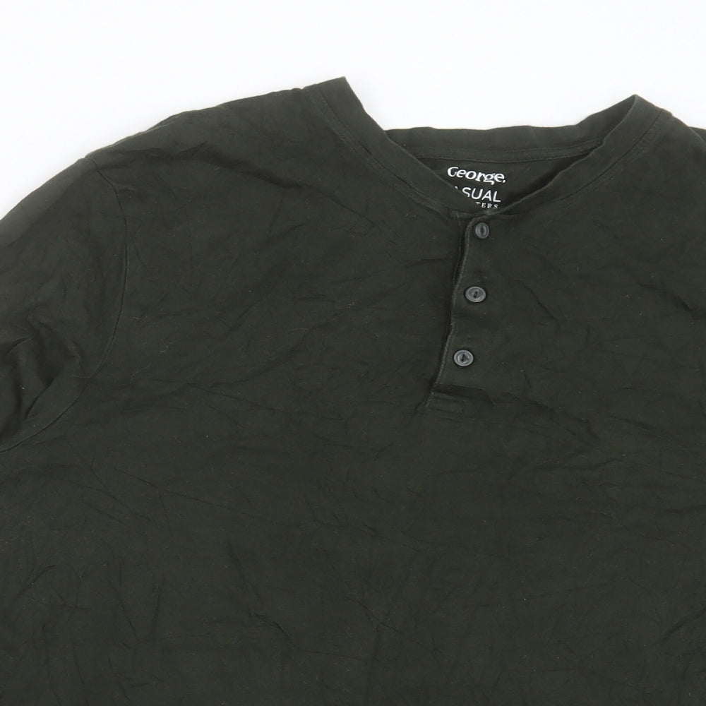 George Mens Green Cotton T-Shirt Size L Henley