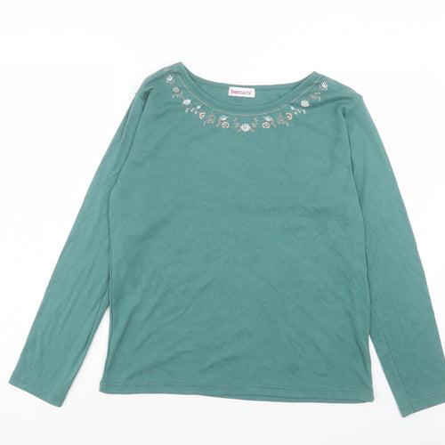 Bonmarch Womens Green Floral Cotton Basic T-Shirt Size L Crew Neck