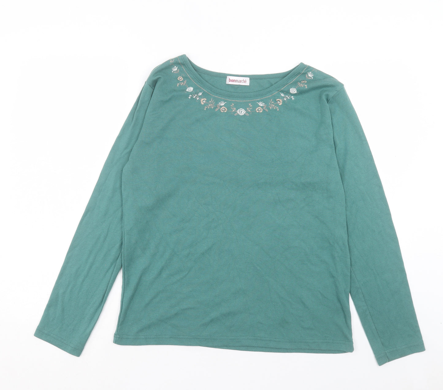 Bonmarch Womens Green Floral Cotton Basic T-Shirt Size L Crew Neck